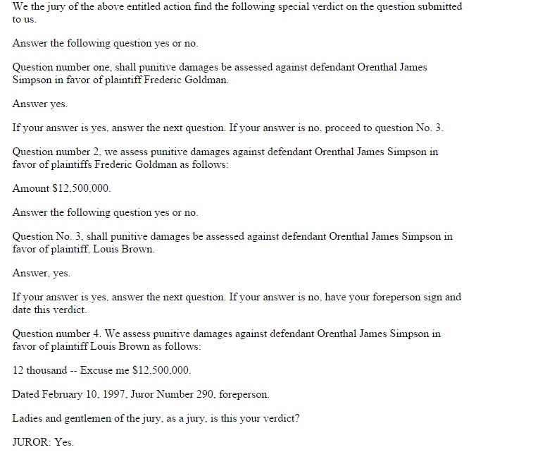 O.J. Simpson civil trial verdict transcript. Retrieved from http://simpson.walraven.org/feb10-97.html on December 17, 2014.